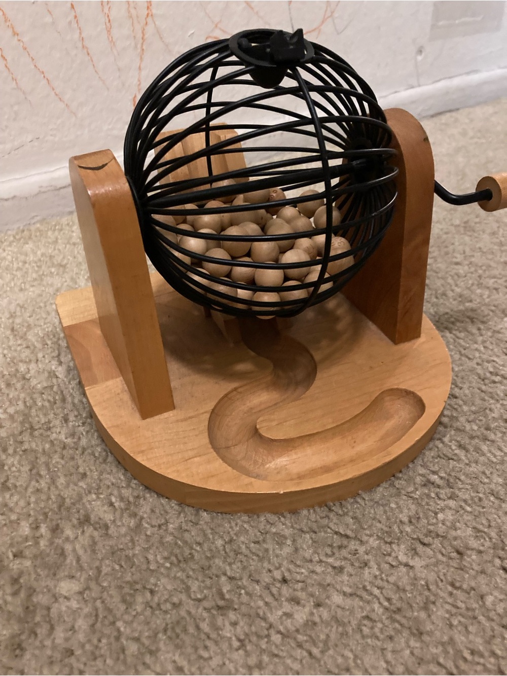 Wood Base Bingo Cage with Black Metal Ball Cage